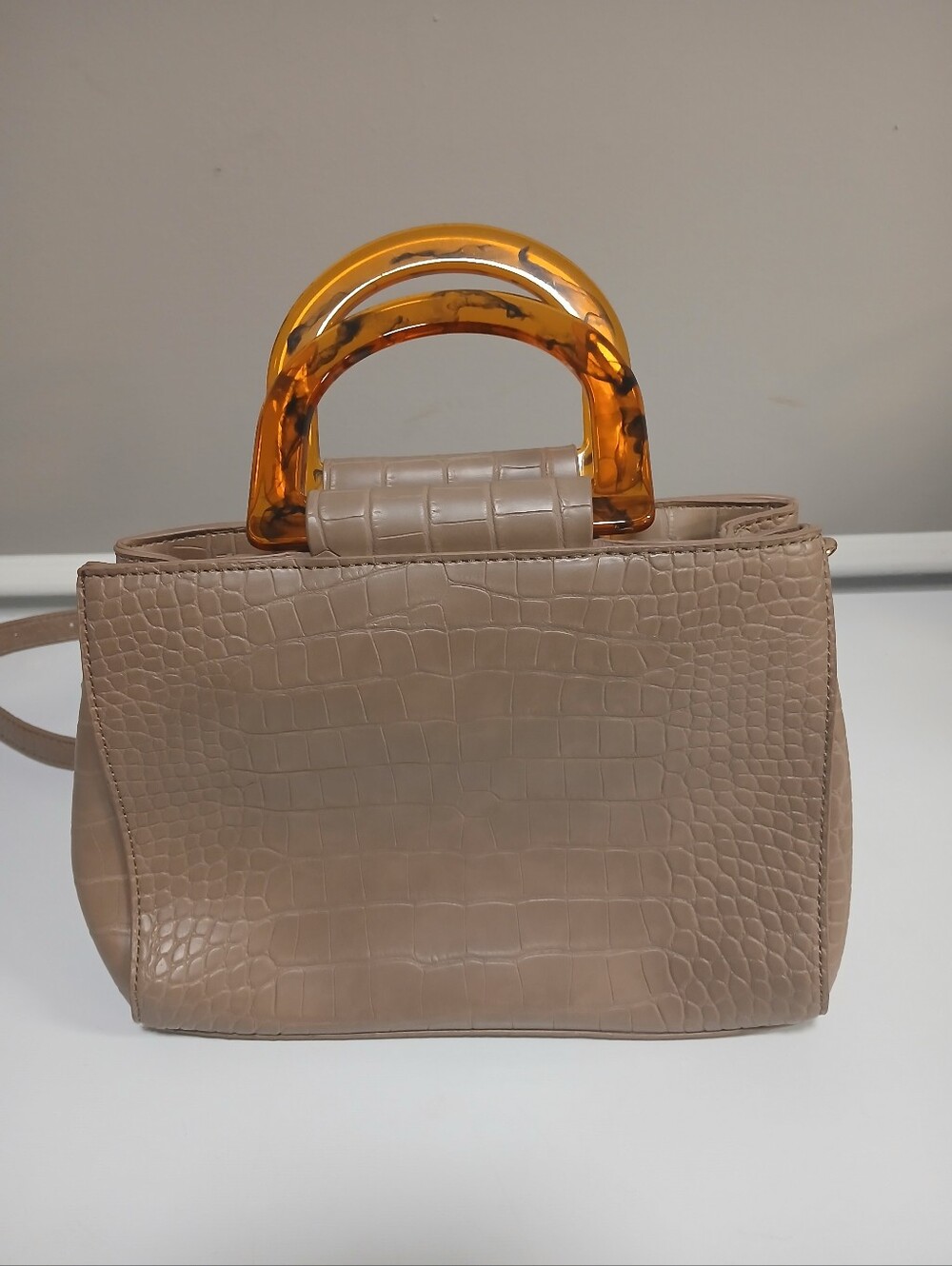 Tan Leather Feel Croc Embossed Tortoise Handle Mini Bag NWOT